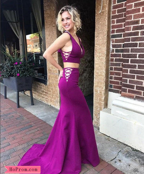 Two Piece Purple Prom Dresses Tank Straps Low V Neckline Crop Top Criss-cross Ribbon