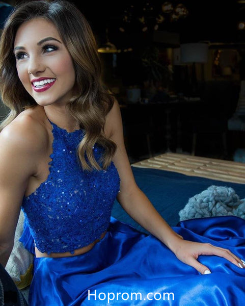 Charming Royal Blue Two Piece Prom Dress with Lace Beaded