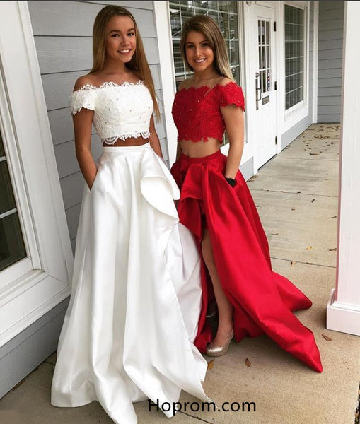 Two Piece Off Shoulder Lace Beaded Prom Dress with Pockets