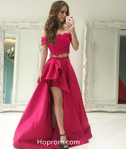 Two Piece Off Shoulder Lace Beaded Prom Dress with Pockets