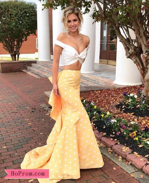 Two Pieces Mermaid White Yellow Prom Dress Off Shoulder with Polka Dot Ruffle Skirt
