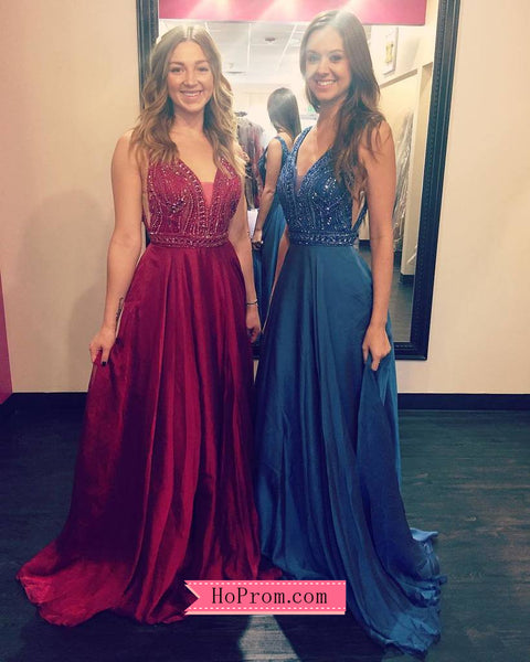 Open Back Blue Prom Gown Beaded Prom Dress V-neck Evening Dress