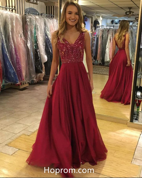 V-neck Beaded Long Prom Dresses