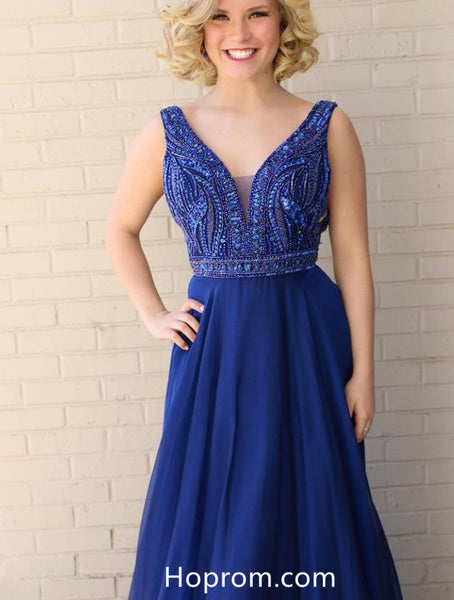 V-neck Beaded Long Prom Dresses