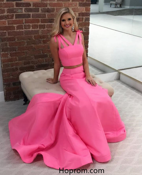 Simple Pink Two Piece Prom Dresses