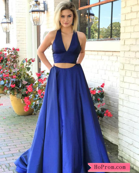 Simple Two Piece Blue Taffeta Prom Dresses Ball Gown Online