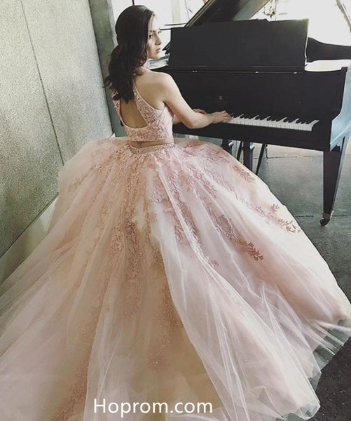 Two Piece Applique Prom Dresses Tulle Lace Evening Dresses