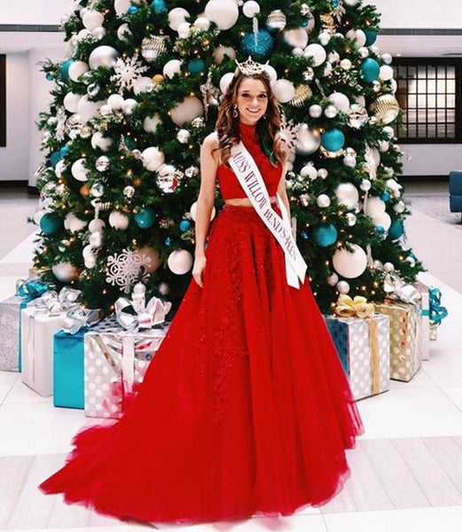 Two Piece High Neck Cheap Red Prom Dresses with Beaded Waist