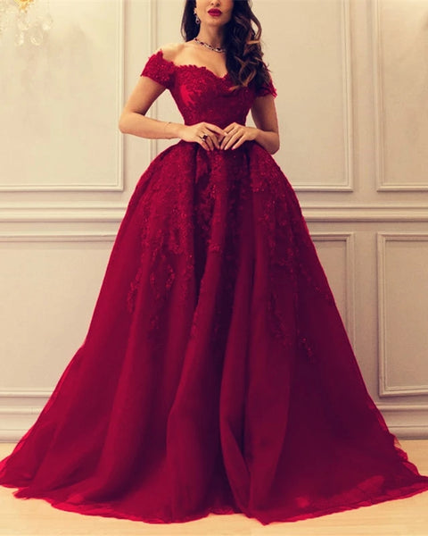 Off The Shoulder Burgundy Prom Dresses Tulle Evening Dress