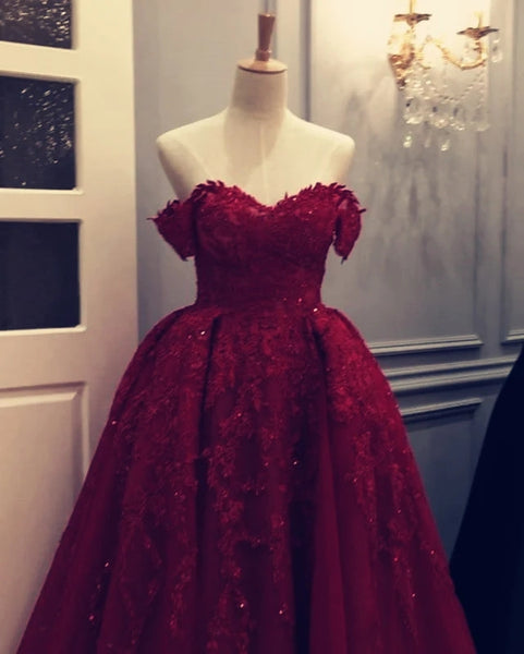 Off The Shoulder Burgundy Prom Dresses Tulle Evening Dress