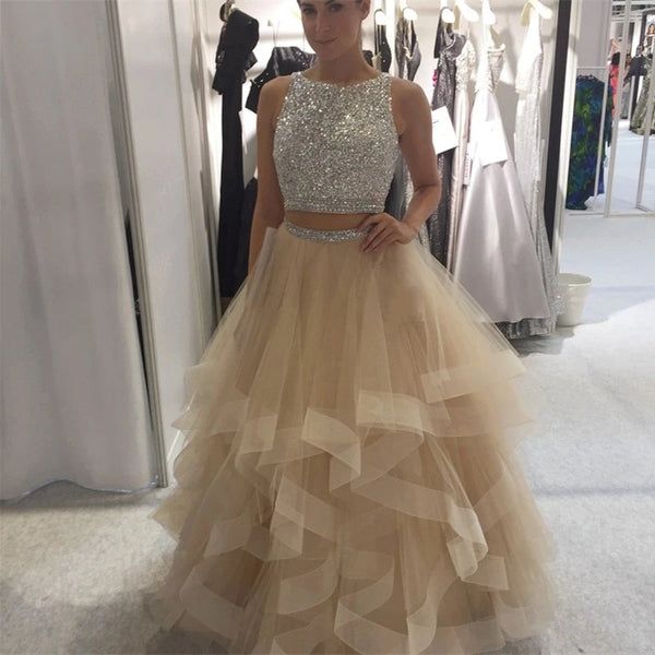 Two Piece Open Back Prom Dresses Organza Ruffles Beading Evening Dress