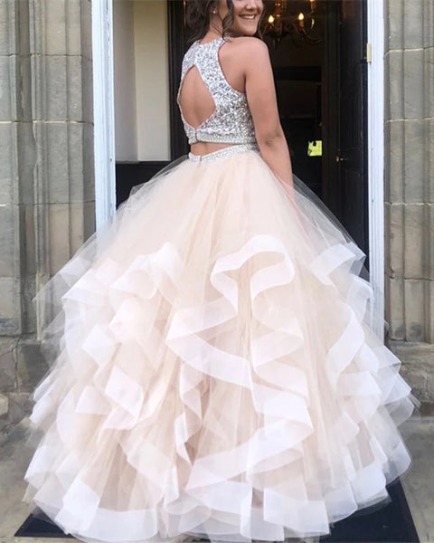 Two Piece Open Back Prom Dresses Organza Ruffles Beading Evening Dress