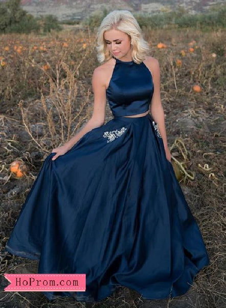 Two Piece Satin Halter Navy Blue Prom Dresses High Neckline Beaded Pockets