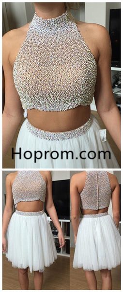 White Halter Homecoming Dress, Beadings Homecoming Dress