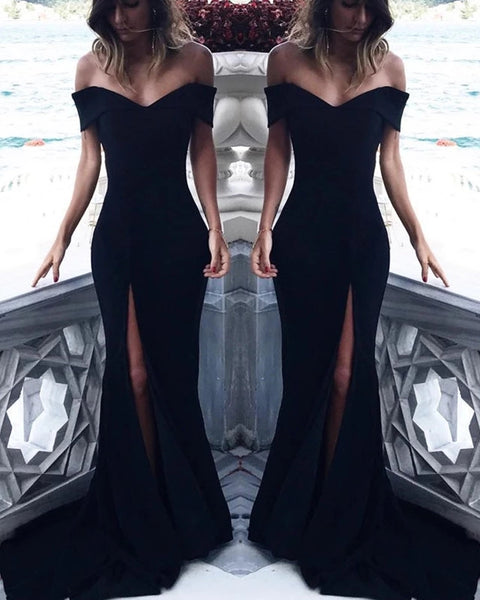 Off the Shoulder Black Prom Dresses Slit Sexy Evening Dresses