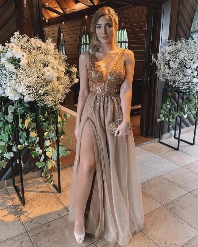 Sexy Open Back Tulle Prom Dresses High Split Evening Dresses Beading Hoprom Sexy Open Back Tulle Prom Dresses High Split Evening Dresses Beading Hoprom