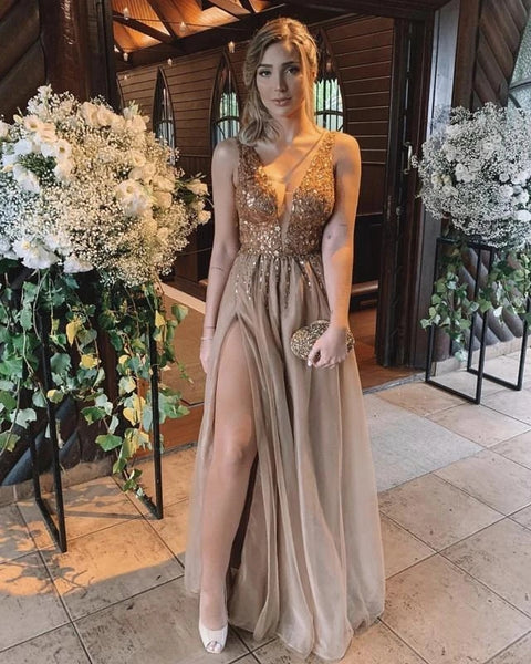 Sexy Open Back Tulle Prom Dresses High Split Evening Dresses Beading