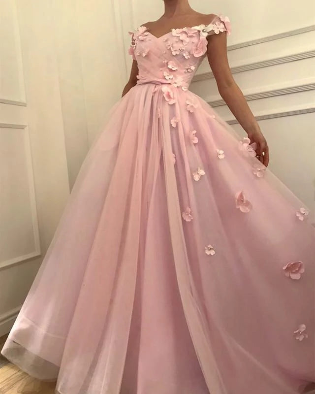 3D Flowers Pink Off Shoulder Prom Dresses A Line Evening Dresses