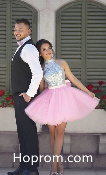 Pink Halter Homecoming Dress, Sequins Tulle Homecoming Dress