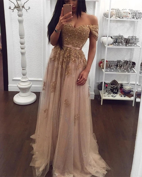 Off the Shoulder Golden Prom Dresses Beaded Evening Dresses