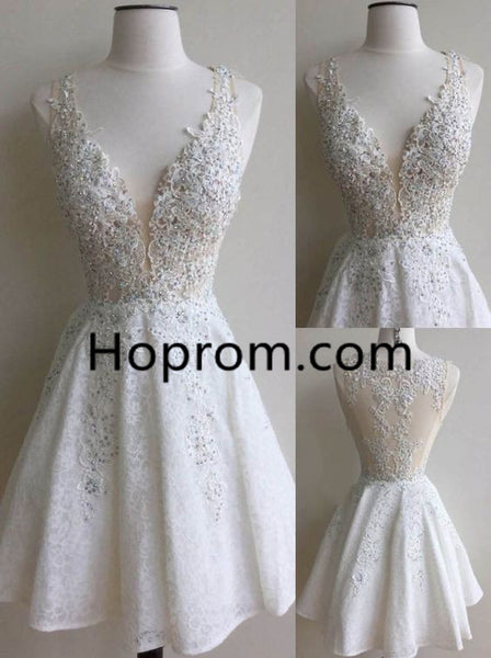 Mini A-Line V-Neck Lace Appliques Homecoming Dress with Beading