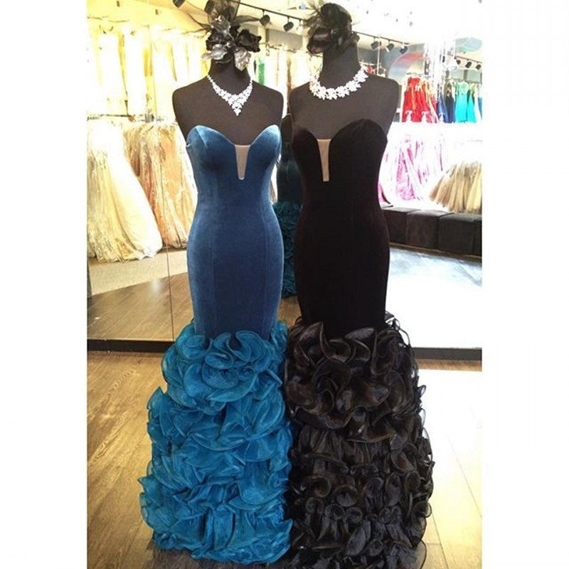 Velvet Black Blue Prom Dresses,Mermaid Prom Dress,Evening Dress
