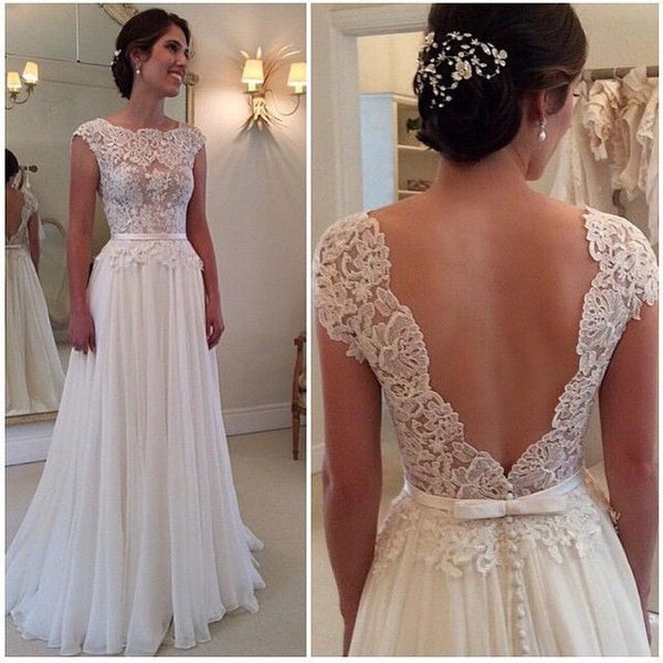 Open Back Wedding Dress, Lace Bodice Bridal Wedding Gown