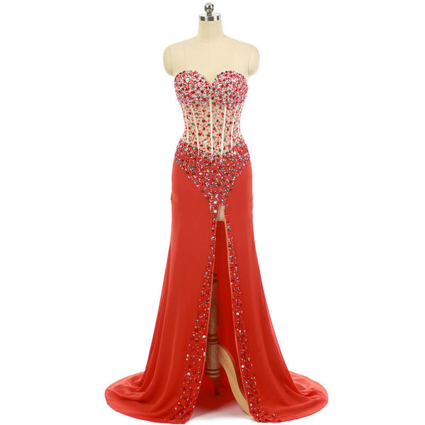 Sweetheart Mermaid Prom Dresses,Ombre Chiffon Prom Dress,Beaded Red Evening Dress