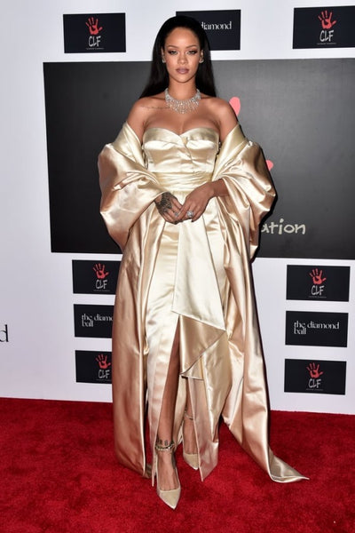 Champagne Rihanna Strapless Slit Dress Satin Prom Celebrity Red Carpet Formal Dress Diamond Ball