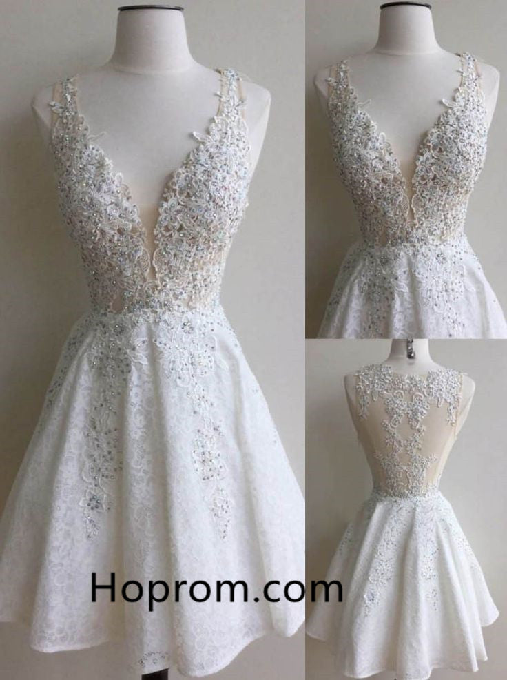 Lace Beadings Homecoming Dress, White Deep V Neck Homecoming Dresses