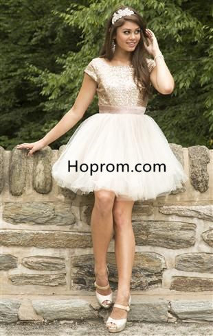Golden Sequins Homecoming Dress, Short Sleeves Tulle Homecoming Dress