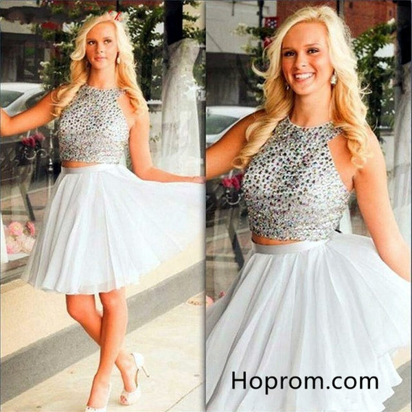 Beadings Sexy Homecoming Dress, Gray Two Pieces Homecoming Dress