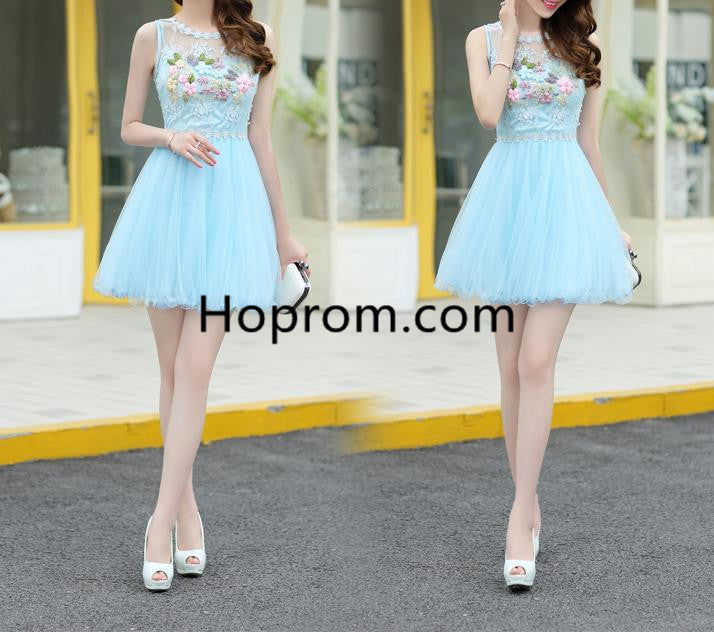 Strapless Short Homecoming Dress, Blue Appliques Homecoming Dress