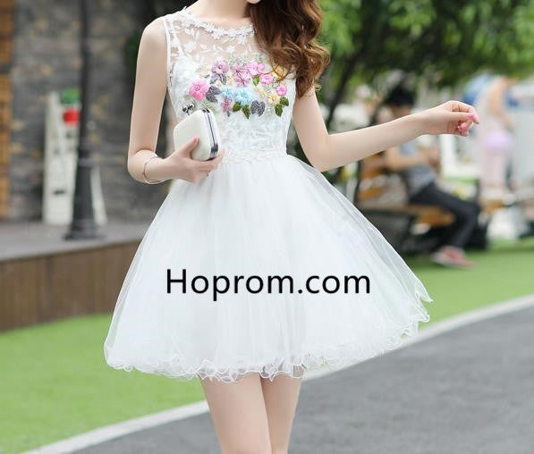 Strapless Short Homecoming Dress, White Appliques Homecoming Dress
