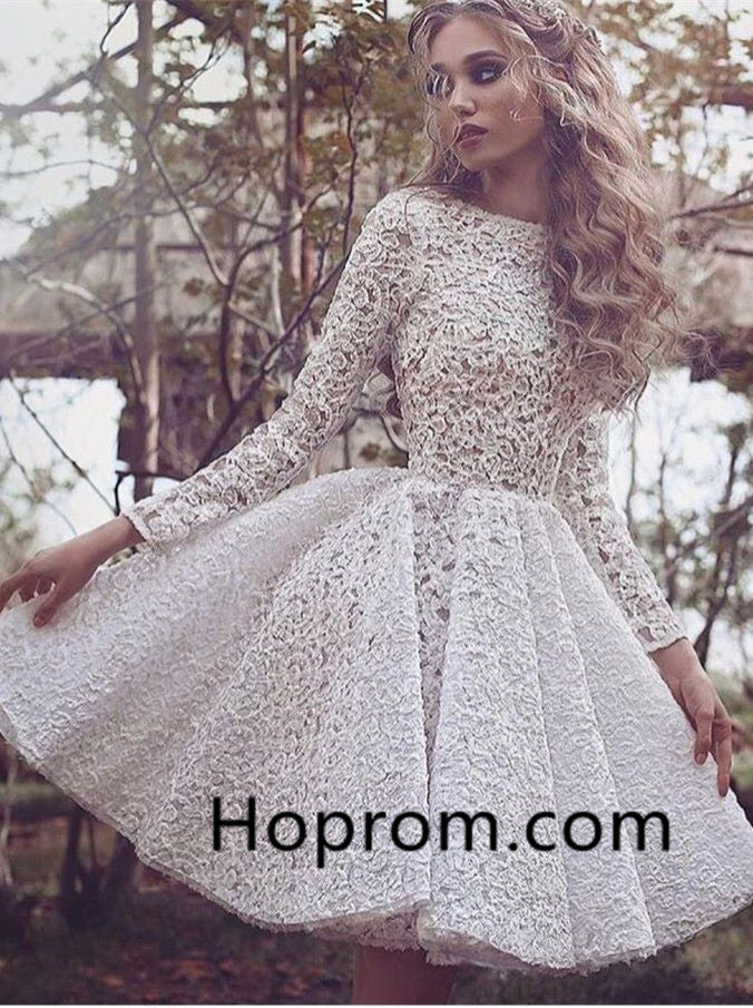 Long Sleeves Scoop Neck Homecoming Dress, White Lace Short Prom Dress Hoprom Long Sleeves Scoop Neck Homecoming Dress, White Lace Short Prom Dress Hoprom