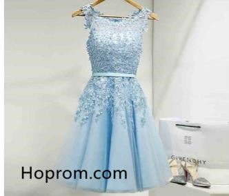 Chiffon Cute Homecoming Dress, Blue Appliqiues Homecoming Dress