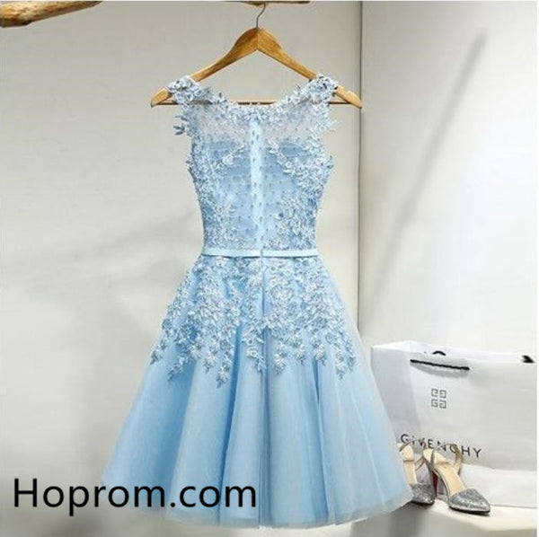 Chiffon Cute Homecoming Dress, Blue Appliqiues Homecoming Dress