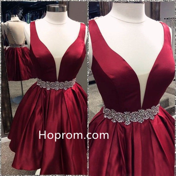 Deep V Neck Homecoming Dress， Red Beadings Homecoming Dress