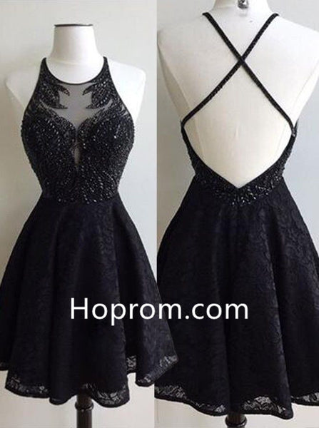 Scoop Cross Strap Back Sexy Homecoming Dress, Black Lace Homecoming Dress