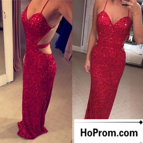 Spaghetti Straps Sparkly Backless Prom Dress Evening Dresses