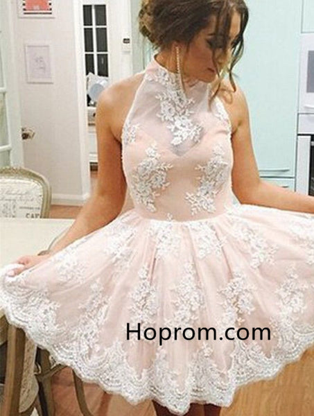 Appliques Strapless Homecoming Dress, Baby Pink Halter Homecoming Dress