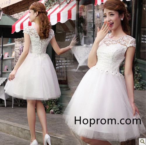 A Line Homecoming Dress, White Lace Tulle Homecoming Dress