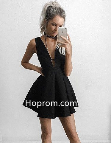 Deep V Neck Homecoming Dress, Black Short Sexy Homecoming Dresses