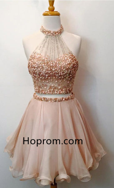 Beadings Chiffon Homecoming Dress, Pink Halter Homecoming Dress
