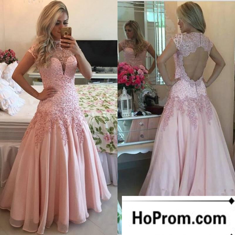 High Neck Short Sleeve Pink Prom Dress Evening Dresses