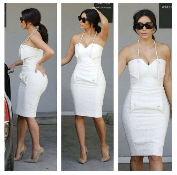 White Kim Kardashian (Kim K) Bridal Shower Halter Dress Knee Length Prom Celebrity Formal Outfit