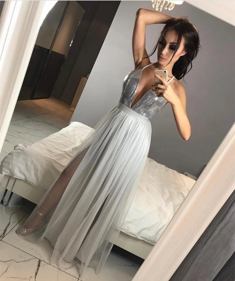 Sexy Deep Plunge V Neck Prom Dresses Sequins Tulle Evening Dress Pink –  Hoprom