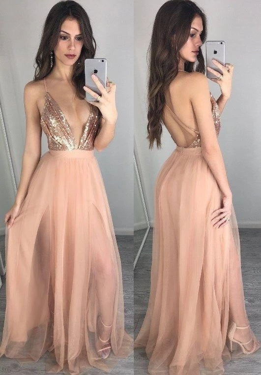 Sexy Deep Plunge V Neck Prom Dresses Sequins Tulle Evening Dress Pink & Silver 2 Colors