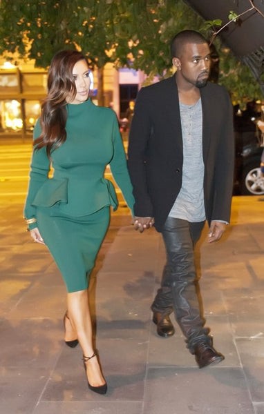Green Kim Kardashian (Kim K) Short Long Sleeves Peplum Dress High Neck Prom Celebrity Dress Birthday Celebration