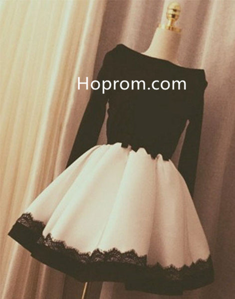 Black Off Shoulder Homecoming Dress with White Skirt, Long Sleeves Homecoming Dress